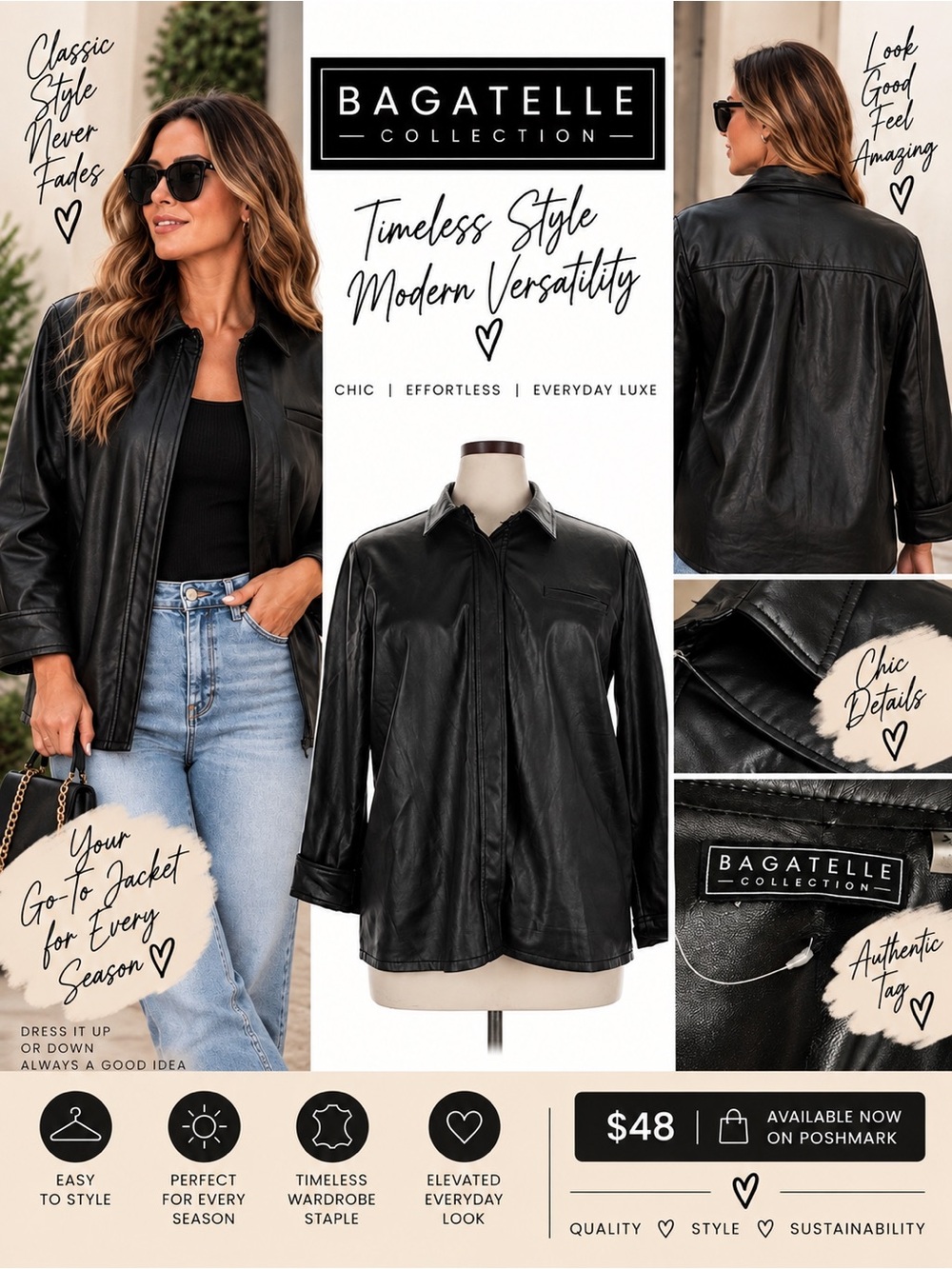 Bagatelle Black Leather Shirt Jacket 90s Minimalist Moto Shacket